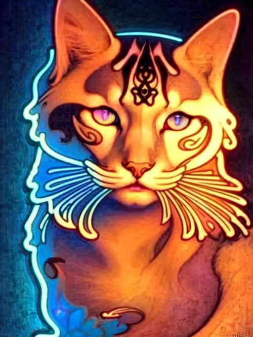 Prompt: alfonso mucha, art nouveau, gothic art, neon lights, cute kitty  