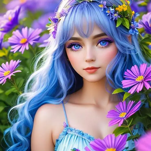 Prompt: Fairy of summer, vivid colors of blue and purple,large eyes, warm coiors, wildflowers, closeup