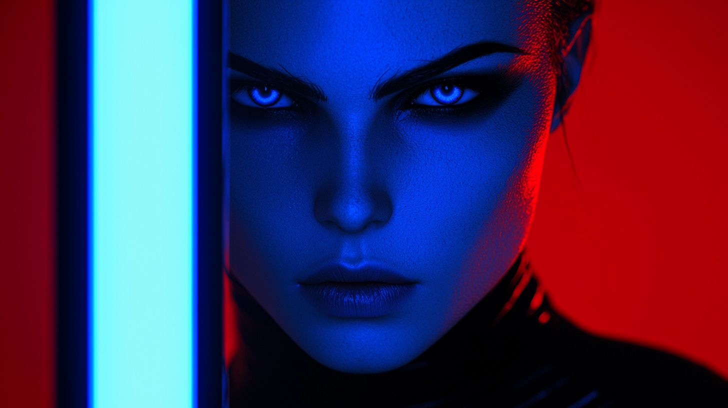 Prompt: An ultra-high-resolution, stunning fantasy 3D render featuring a beautiful android woman with blue makeup. She stands behind the bars of a cage, her lips parted in an alienating expression. Her visage is contourless, enhancing her otherworldly appearance. The scene is illuminated with blue and black bioluminescent surfaces, creating a surreal atmosphere. Inspired by Rankin's photography, the image captures a mannequin-like figure resembling an exquisite avatar. The overall composition blends futuristic elements with a sense of isolation and intrigue.