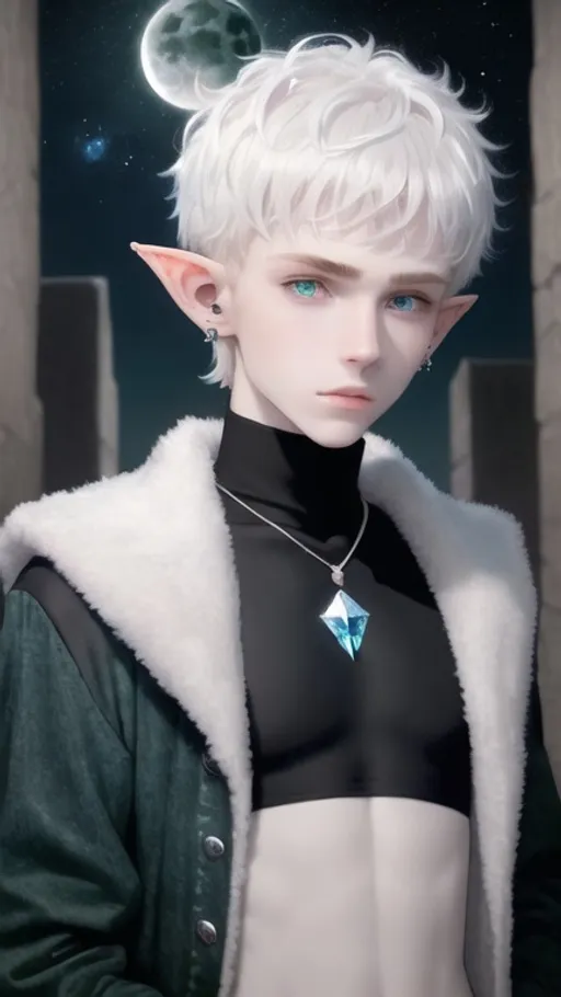 Prompt: A 19 year old boy with elf ears, pale skin, fluffy short white hair, dark blue eyes, star and moon earrings, spandex black turtleneck, dark green denim jacket, necklace with white crystal attached.