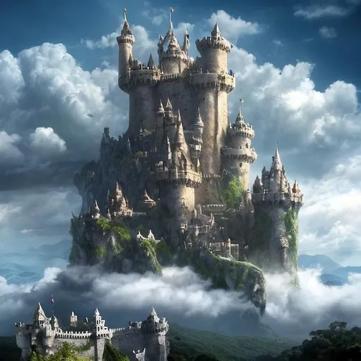Prompt: Un castillo en las nubes con dragones