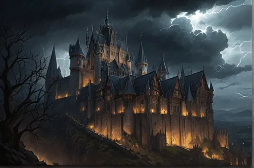 Prompt: Warhammer RPG-style illustration of a massive castle, detailed stonework and towering spires, ominous stormy sky, high-quality digital painting, dark fantasy, gothic architecture, dramatic lighting, epic scale, menacing atmosphere, atmospheric lighting, detailed textures, fantasy, RPG, sinister tones, intricate details, by square