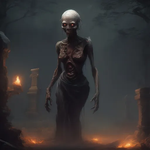Prompt: female pennangalan, malay creature, no legs, the loose head floats around with its intestines hanging down, creature has no legs, levitating without legs, sinister look, spooky atmosphere, RPG-fantasy, intense, detailed, game-rpg style, dark and eerie lighting, sinister vibe, fantasy, horror, cemetary