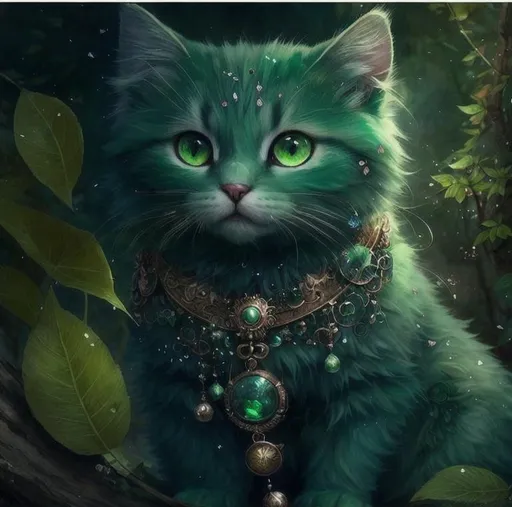 Prompt: Cute, green, fluffy,  fantasy nature kitten, with green eyes, green fur, and possessing the element of nature and making circles of leaves
 move around in the air in a magical way. Perfect features, extremely detailed, realistic. Krenz Cushart + loish +gaston bussiere +craig mullins, j. c. leyendecker +Artgerm.