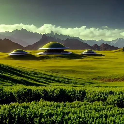Prompt: a beautiful vista of rolling hills and alien flowers, with one prefabricated building, in the style of Star Trek. {Star Trek: The Next Generation}