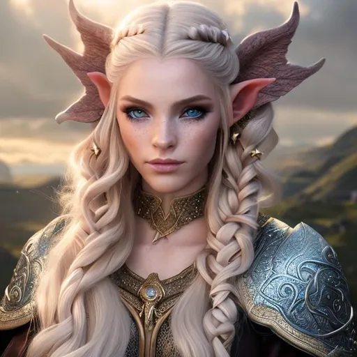 Prompt: hyper-realistic, 8k Ultra-realistic female elf, light blonde hair, Divine Cleric, dungeons and dragons cleric class, green eyes, light tan, long hair, braids in hair, light freckles on cheeks, natural makeup, leather armour, revealing armour, elven city in the background, divine magic, beautiful face, angelic magic, wings, flowers in hair, silver in hair, gold in hair, elven female, fantasy, elf ears, natural appearance, magic in hands, natural skin, healthy skin, 8K resolution, UHD, Ultra realistic, natural lighting, cinema lighting, super fine detail, high quality, fine-tune, hair jewellery, realistic, ultra-high resolution, composition, focused, in the frame.