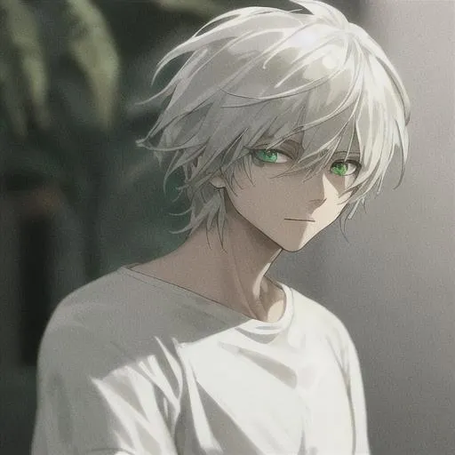 Anime boy, white hair, hoodie, smiling, necklace, gray eyes, Anime