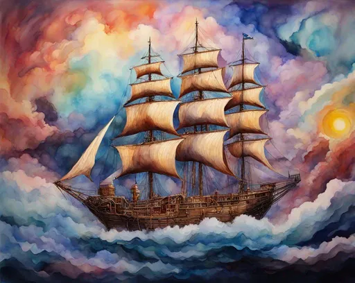 Prompt: watercolor and muted alcohol ink, close on steampunk schooner sailing through the clouds, surreal fantasy realism, cloisonnism, oversized components, massive scale parts, boosted chromatic aberration 