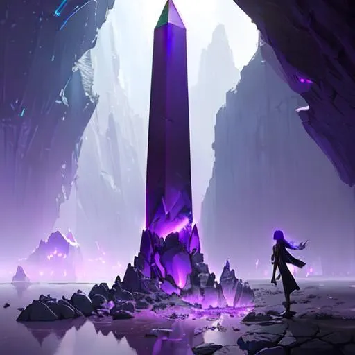 Prompt: Cracked obelisk, cavern, dark lighting, Giant purple obelisk, crystal, fantasy, greg rutkowski, trending on artstation by makoto shinkai, stanley artgerm lau, wlop, rossdraws, concept art, digital painting