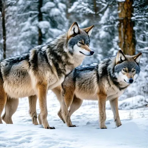 Prompt: Two full body 
wolves on snow bank in forest

