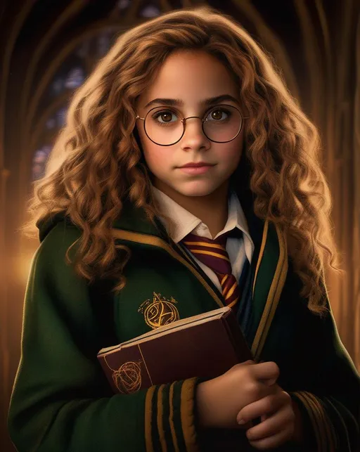 Prompt: Illuminate Hermione Granger in a character redesign with soft, warm lighting to evoke a sense of wonder and magic. Use a high-quality camera and a portrait lens to capture intricate details of her expression. The mood should be empowering and mystical, in the style of renowned fantasy artists.