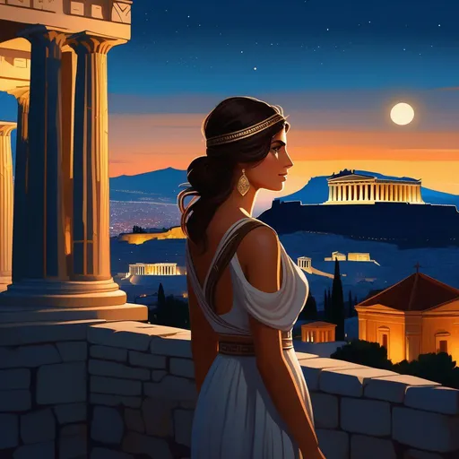 Prompt: Third person, gameplay, Greek girl, olive skin, brown hair, brown eyes, 2020s, Athens at night, Acropolis in the background, warm atmosphere, cartoony style, extremely detailed painting by Greg Rutkowski and by Henry Justice Ford and by Steve Henderson 