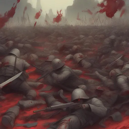 Prompt: A battlefield at the end of a bloody fantasy war. Everyone is dead