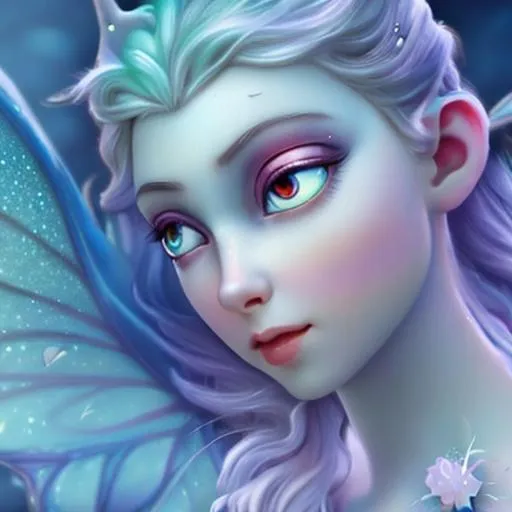 Prompt: fairy goddess .beautiful , pale skin icy blue background, realistic, closeup
