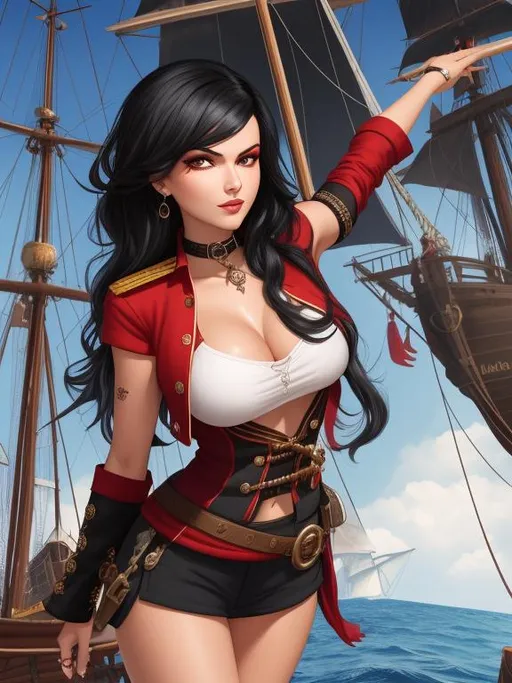 Prompt: ombre red-black hair, pirate captain, girl, fantasy, daunting, intimidating, serious, cruel, mole under eye, docked galleon ship in background, bodacious, mole on body, fullbody, ((full body)) {{good looking}} {{cute}} {{good body}} {{tight}}, symmetrically colored hair, {{shadows}},
