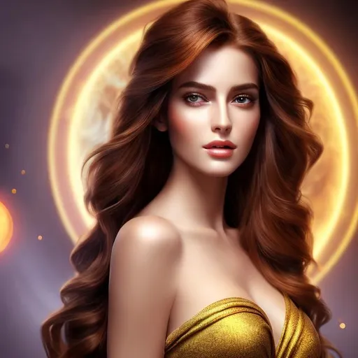Prompt: HD 4k 3D 8k professional modeling photo hyper realistic beautiful  woman ethereal greek goddess of caution
red hair hazel eyes gorgeous face olive skin beautiful robes jewelry full body surrounded by magical glowing light hd landscape background in palace 