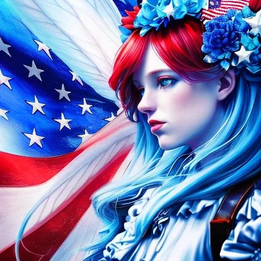 Prompt: fairy goddess of the 4th of July u,s, patriotic, gothic, dreamscape, vivid colors of red, fwhite and blue ,closeup