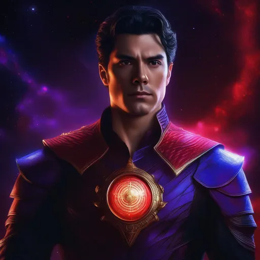 Prompt: fantasy, digital painting, homelander from the show the boys, horror, sharp focus, highest quality, masterpiece, intricately hyperdetailed, ultra-realistic, UHD, epic dark fantasy, D&D, Abyss, lots of red and purple , handsome, mysterious, red glowing eyes, galaxy, pendant on chest glowing, gloves on hand, black hair, Low colar