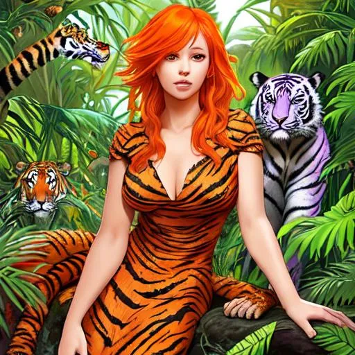 Prompt: orange-haired goddess in a jungle, wearing a light purple dress surrounded by tigers, snakes, lizards, and plants