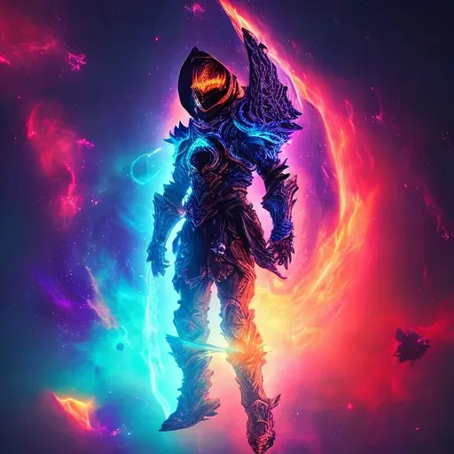 Prompt: astralvoid knight, in space, colorful, vibrant colors, fire, man, 