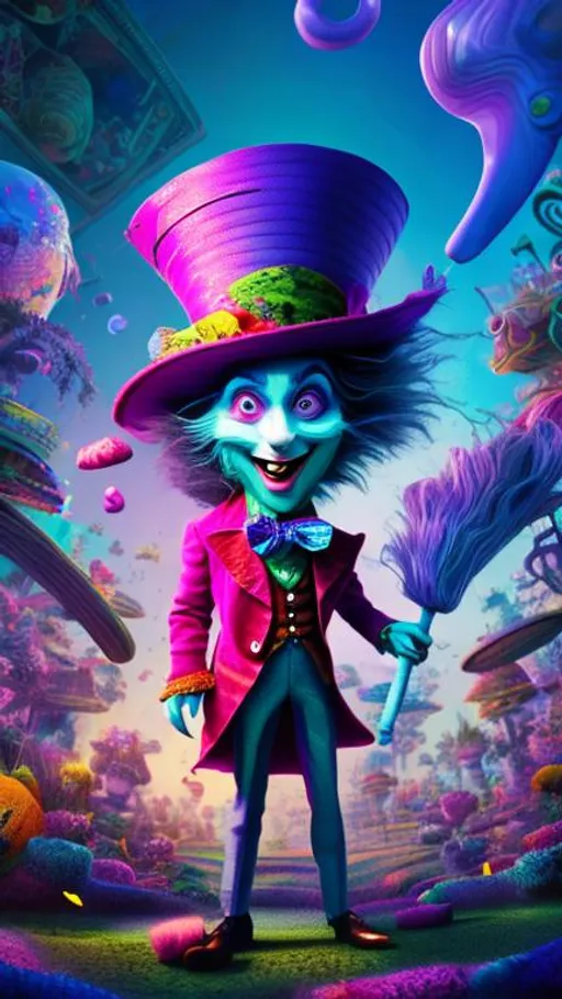 Prompt: Mad hatter. Low depth of field. Pixar renders. Dream core. Vapor wave. Psychedelic. HDR. vivid colors. 