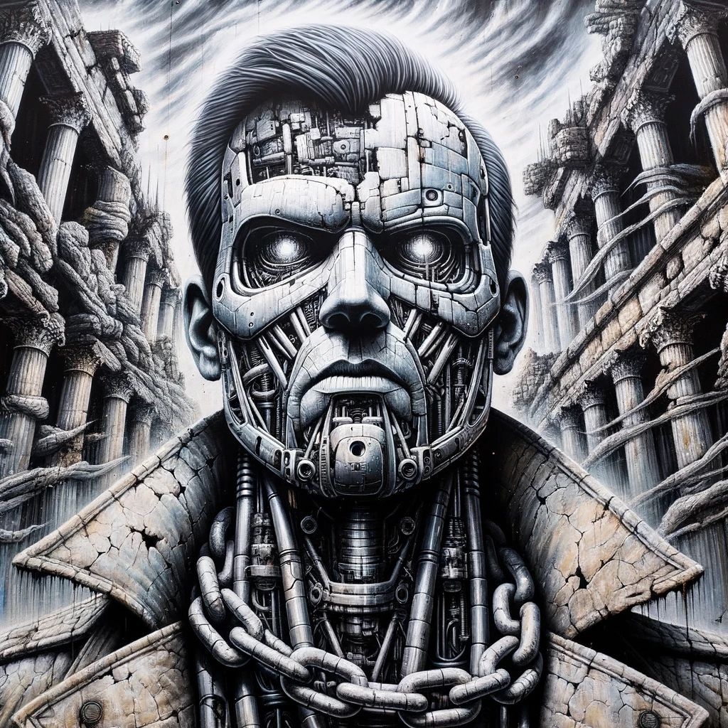 Prompt: Artwork portraying a man's face, with distinctive gray robotic features, adorned with a chain and accompanied by a sword. The background is dominated by grandiose ruins, reminiscent of a bygone era. The trashcore aesthetic and harsh palette knife work add layers of complexity, making the scene both captivating and intense.