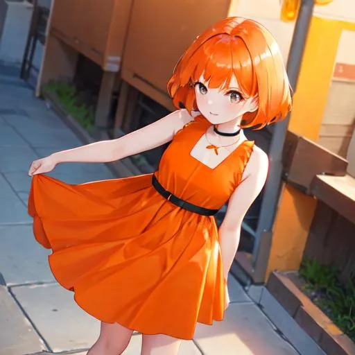 Prompt: girl with orange short hairs orange hairs  buetiful orange dress