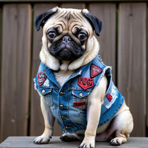 Prompt: pug wearing a heavy metal music denim vest with patches