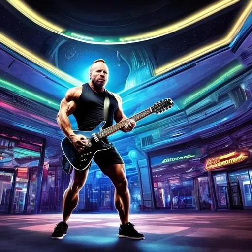 Prompt: Bodybuilding Alex Jones, playing guitar for tips in a busy alien mall, widescreen, infinity vanishing point, galaxy background