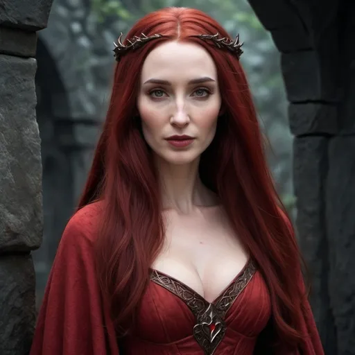 Prompt: hyper-realistic human female, Melisandre is regarded as a beautiful woman by many. She has long hair the color of deep burnished copper, unsettling red eyes, and pale, unblemished skin. The priestess is slender, graceful, and taller than most knights. Melisandre has a full chest, a narrow waist, and a heart-shaped face. She has a deep voice which sounds melodic and might make a listener envision anise, nutmeg, and cloves.
As is the custom of the red priests of her faith, Melisandre always dresses in long red fabric, fantasy character art, illustration, dnd, 