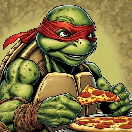 Prompt: Best Quality, (line art:1.5), (Comic Style), (Art by Eastman and Laird) (absurdres, high quality, detailed, realistic:1.3), a high resolution photo of a (TMNTRaphael), a teenage mutant ninja turtle with a red bandana mask with eye-holes while eat a pizza, holding sais, holding sai dagger weapons, toned body, veiny muscles,(full body view:1.1), evil,barefoot,(fight stance pose, action pose), dynamic pose, detailed face, looking at viewer,confident, concentrated, on a city rooftop at night, city buildings and dark night sky in background, cinematic, atmospheric, 8k, realistic lighting, shot by Hassleblad H6D, Zeiss, Kodachrome, nikon, 50mm 1.2 lens, Octane Render, ultra realistic, realistic lighting, photorealistic, photorealism, photoreal, unreal engine 5, Adobe After FX, highly detailed, intricate detail, detailed face, detailed eyes, detailed scales, (((red bandana, black bandages, metal pauldrons, metal leg armor plates))), cypunk, futuristic, mechanic, dystopia, trending on artstaion, by greg rutkowski,  8k