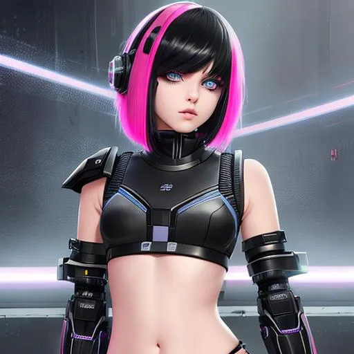 Prompt: cyber punk, insanely beautiful 16 year old girl. black with pink streaks one side shaved bob cut hair.  perfect grey eyes. perfect anatomy. symmetrically perfect face. hyper realistic. soft colours. no extra limbs or hands or fingers or legs or arms.