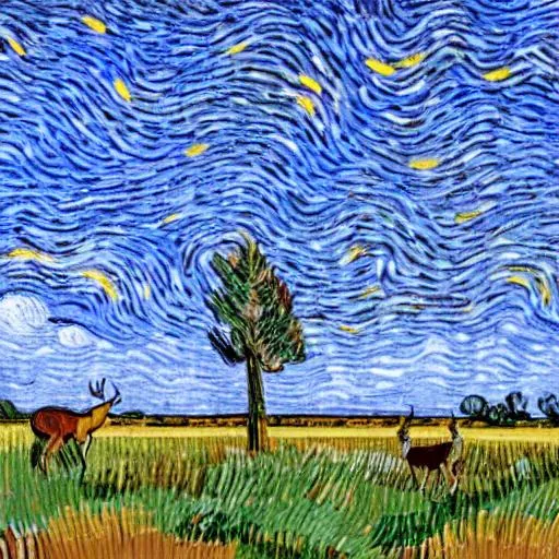 Prompt: Painting of Longleaf pine savanna with deer and quail and drone in the sky in the style of van gogh