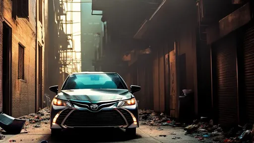 Prompt: Toyota Camry, in a dark forgotten trash filled alley way, no light coming in, with trash flying around, in the crack of dawn, cinematic lighting, drama effect