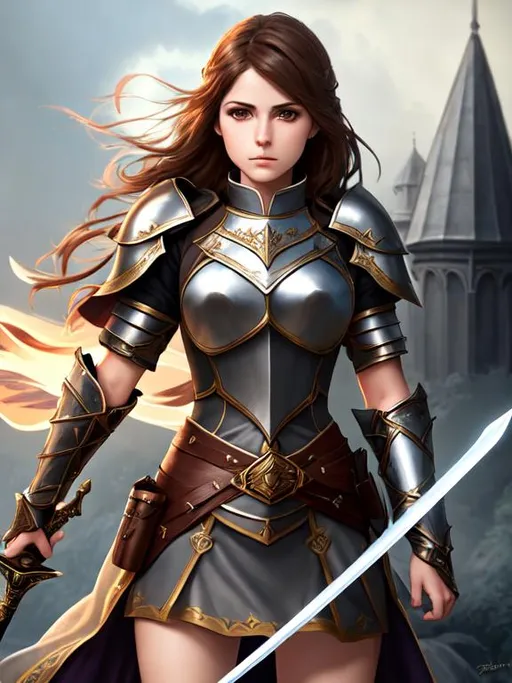A female knight with brown hair holding a magic swor... | OpenArt