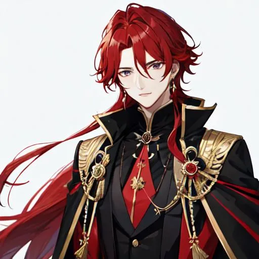 Prompt: Zerif 1male (Red side-swept hair covering his right eye) wearing a black royal suit, white cape, 