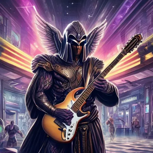 Prompt: Bodybuilding Assyrian Winged robed warrior playing guitar for tips in a busy alien mall, widescreen, infinity vanishing point, galaxy background