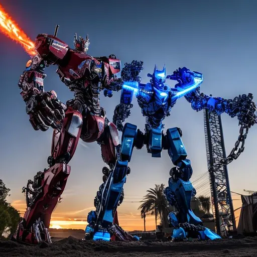 Prompt: 
Make a realistic picture of pacific rim mech, it’s blue and purple, laser, arm canyon, sword on back, 150ft tall, chain saw, give the robot a chain saw, laser rifle