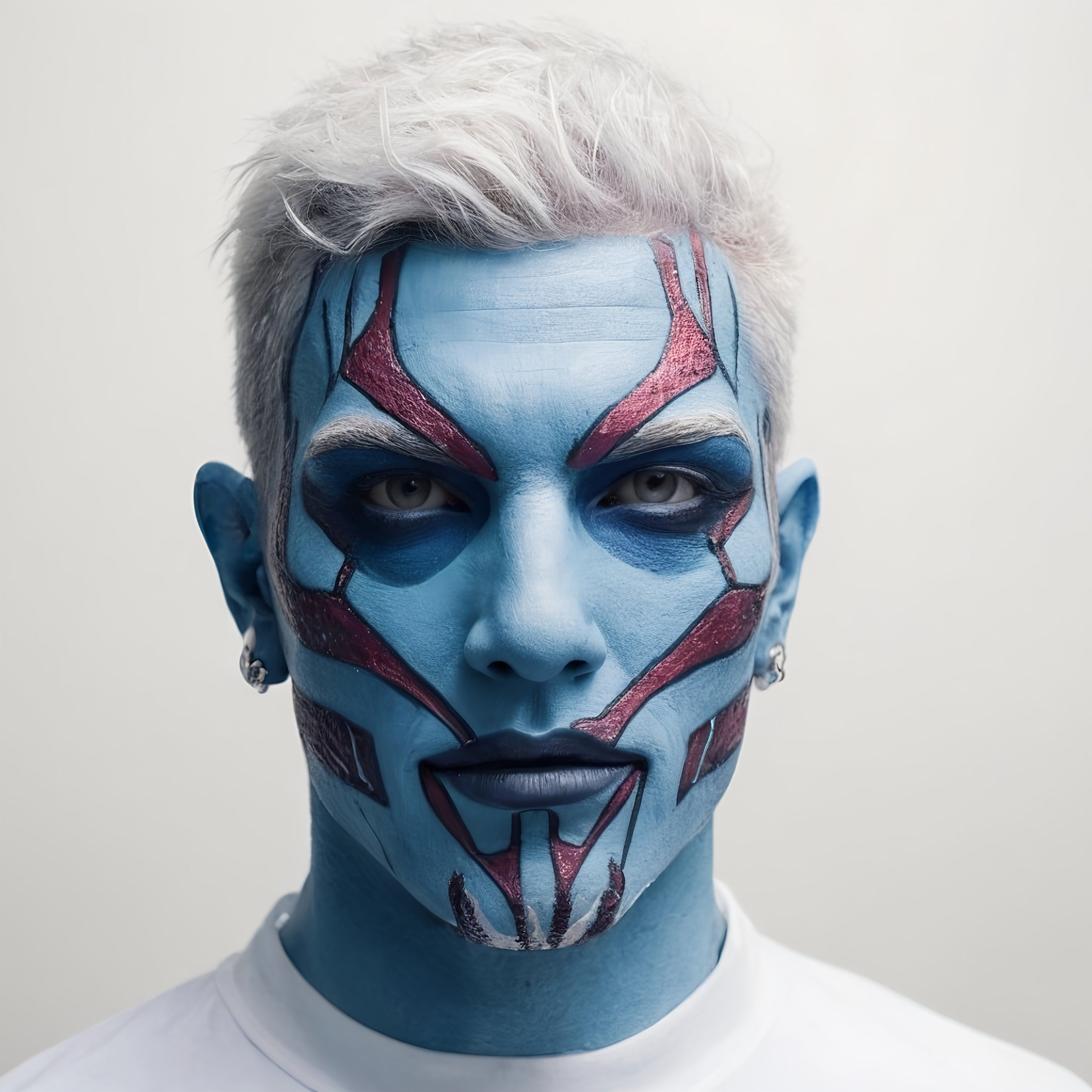 Prompt: a man with a blue face painted with white hair and a white shirt,  neo-fauvism