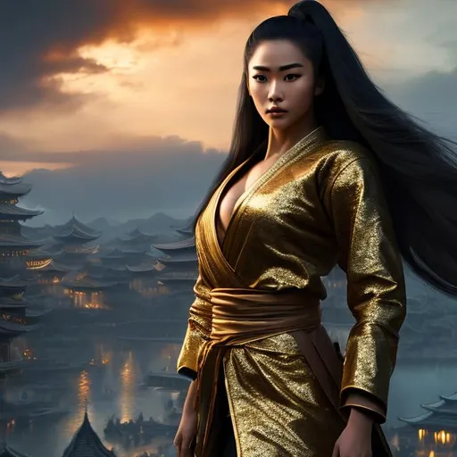 Prompt: create best quality photograph of beautiful female ninja who is wearing gold ninja style robes,  night and beautiful sky as background, detailed face, extremely detailed environment, extremely detailed background, extremely detailed skin, extremely detailed clothing, natural colors , professionally color graded, photorealism, 8k, realistic, moody lighting, galactic environment, volumetric lighting
