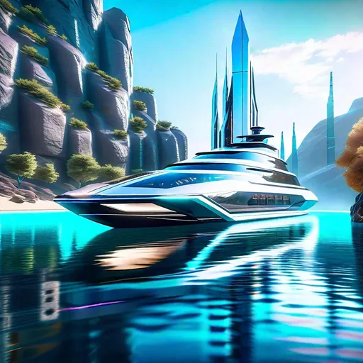 Prompt: "A hyper-detailed Sci-Fi style Yacht sails through the crystal clear waters of the River Styx, on both of the river banks there are placed ultra-detailed futuristic Sci-Fi style sky-scrappers and towers, highest quality of details and design, fit in frame, focus sharp, hyperrealistic, intricately detailed background, Unreal Engine 5, Octane 3D, Ultra HD 512K, CryEngine, digital art masterpiece, perfect image composition, clarity, harmony, hierarchy, rhythm, order, symmetry, proportions.