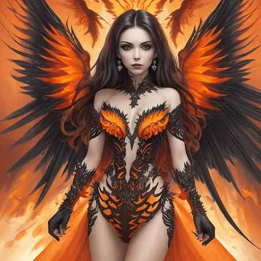 Prompt: A dark angel woman, beautiful dressed in orange and with wings of fire