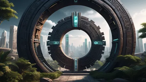 Prompt: magical portal between cities realms worlds kingdoms, circular portal, ring standing on edge, upright ring, freestanding ring, hieroglyphs on ring, complete ring, ancient aztec architecture, gardens, hotels, office buildings, shopping malls, large wide-open city plaza, panoramic view, dark night, futuristic cyberpunk tech-noir setting