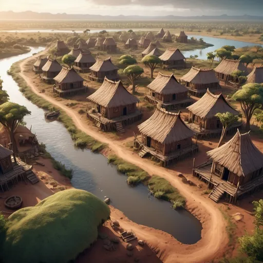 Prompt: Fantasy Illustration of a big savanna settlement, african houses made of wood and clay, next to a river, hedge of thorny bushes, roofs made from wood, birdview, dramatic fantasy settlement scene, cinematic lighting