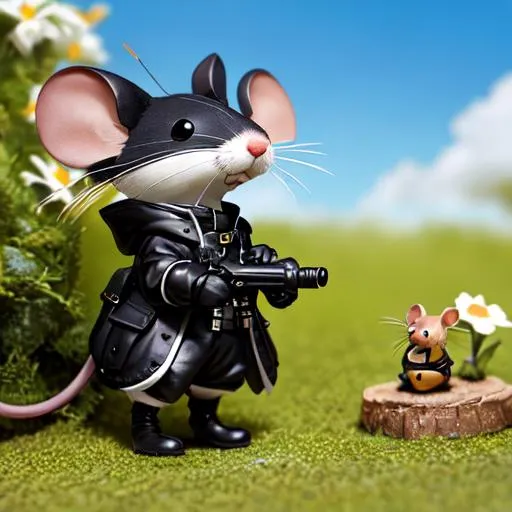 Prompt: A small Atletich Mouse adventurer dressed in a black latex with survival gear  on a summer day with sun,  jean - baptiste monge , anthropomorphic --ar 2:3 --testp --upbeta