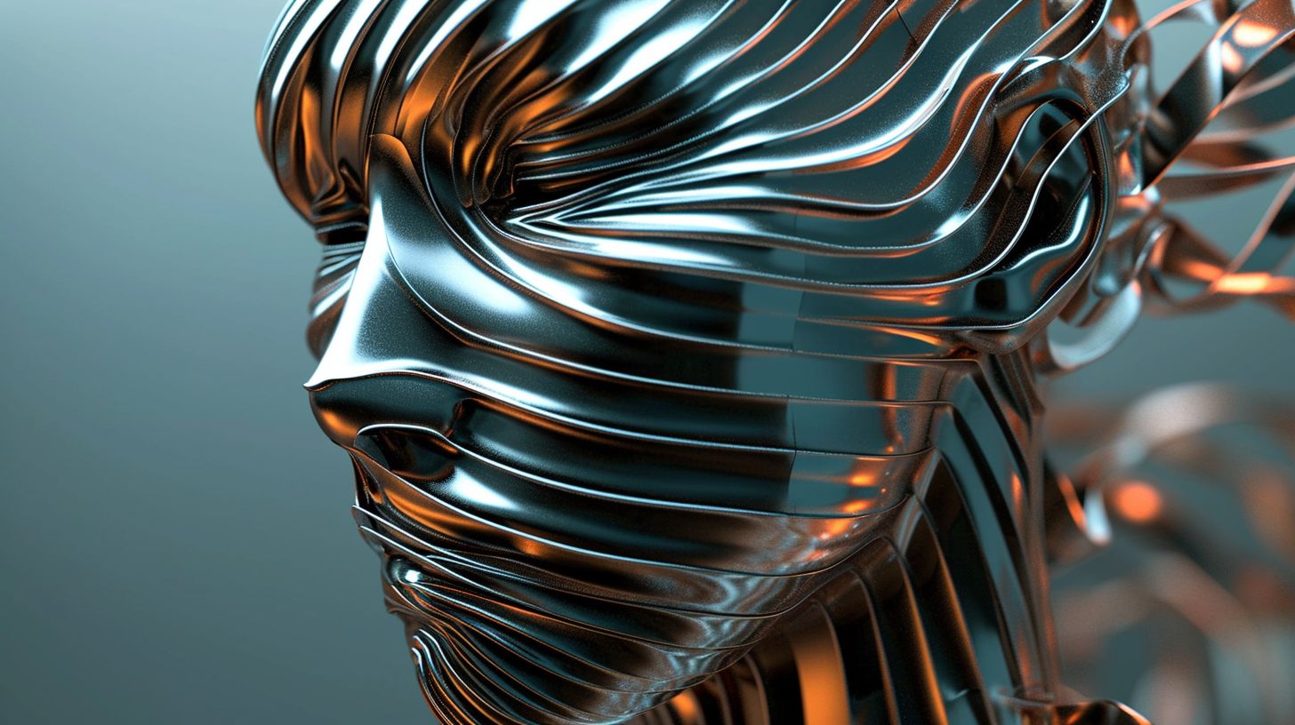 Prompt: futuristic head made of twisted metallic stripes