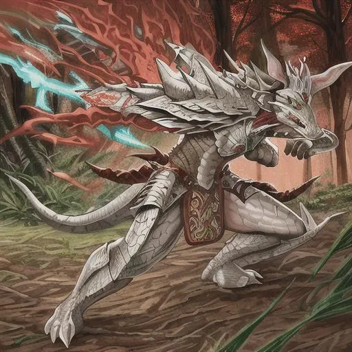 Prompt: A four-legged rat warrior with reptile scales, wearing white armor with red streaks, with a forest background, D&d style, magic the gathering style