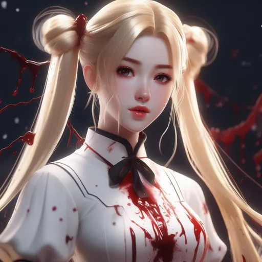 Prompt: 3d anime woman blonde pigtails hair and white dress covered in blood and beautiful pretty art 4k full HD