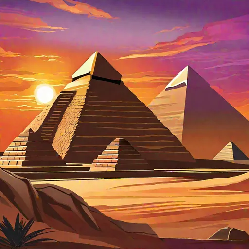 Prompt: Craft an ethereal art piece that captures the awe-inspiring scene of the Great Sphinx of Giza and the Pyramids at sunset. The sky is painted with hues of warm oranges and purples, casting a gentle glow over the ancient structures. The Sphinx stands proudly in front of the Pyramids, its weathered stone bearing the weight of centuries, embodying both tradition and transformation. The Pyramids, with their precise geometry, rise powerfully from the desert sands, their edges catching the last rays of the setting sun. A sense of mystery and timelessness permeates the scene, hinting at the history and stories these ancient monuments hold. 