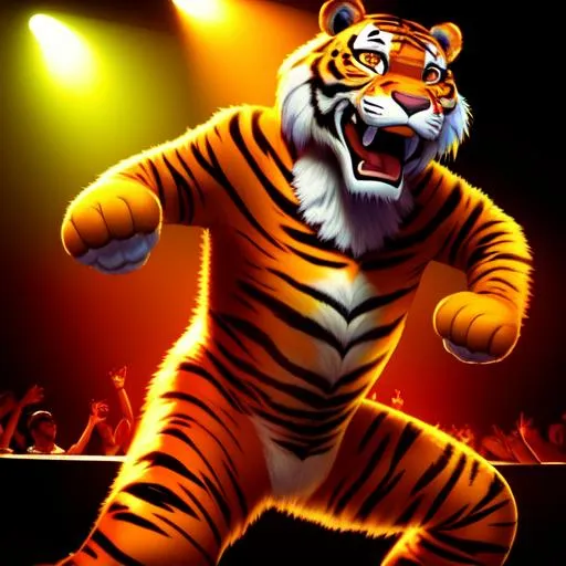 Prompt: (masterpiece:1.4), best quality, Tony the Tiger dancing in the club, dancing being cool, big happy smile, accurate face, photo realistic, 4k, nightclub lighting, detailed face